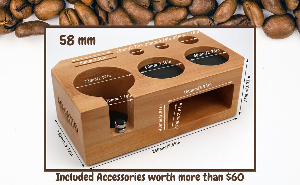 Espresso Tamping Station With Tools - 58mm - Includes Tamper, Distributor, Dosing Funnel & Brush - Wooden Coffee Tamper Station - Espresso Organizer & Portafilter Holder, Best Gift for Coffee Lovers