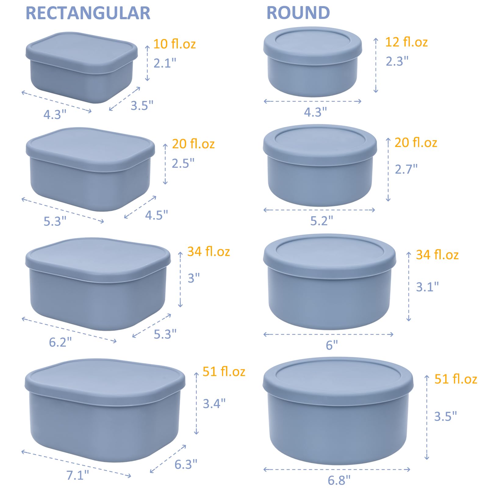 100% Silicone Food Storage Containers with Lids, 8 Pack, 10oz to 51oz, Reusable Leakproof Nesting & Stackable Silicone Bento Lunch Box, Microwave Freezer Dishwasher Oven Safe, BPA Free, Slate Blue