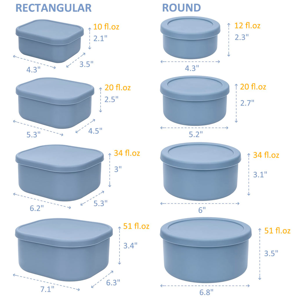 100% Silicone Food Storage Containers with Lids, 8 Pack, 10oz to 51oz, Reusable Leakproof Nesting & Stackable Silicone Bento Lunch Box, Microwave Freezer Dishwasher Oven Safe, BPA Free, Slate Blue