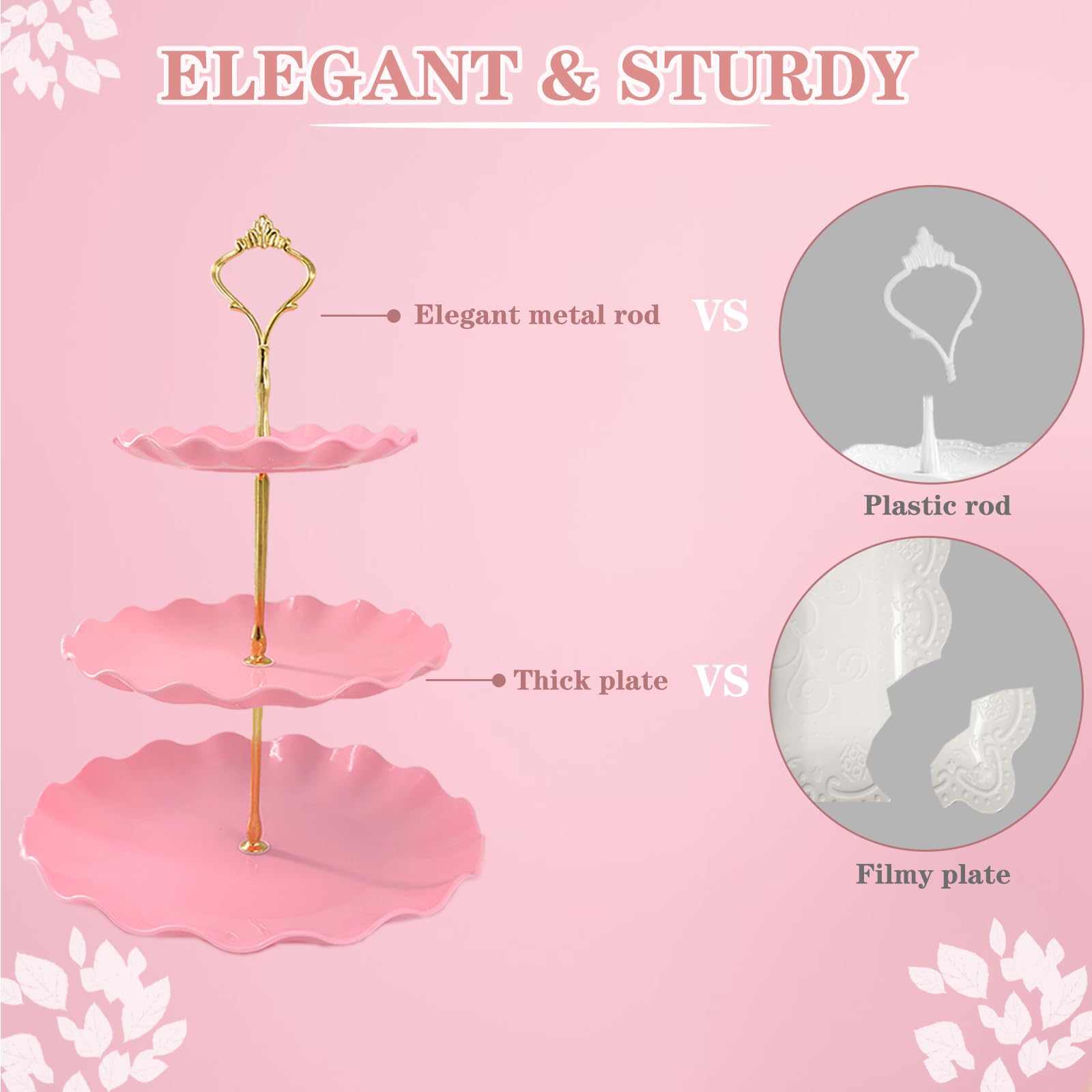 NAXIHOPT 5 Pcs Dessert Table Display Set, Pink Plastic 2 Pcs Round 3 Tier Cupcake Stand Cup Cake Tower Stand with Metal Rod & 3 Pcs Serving Tray for Baby Shower, Tea Party, Wedding, Birthday Party