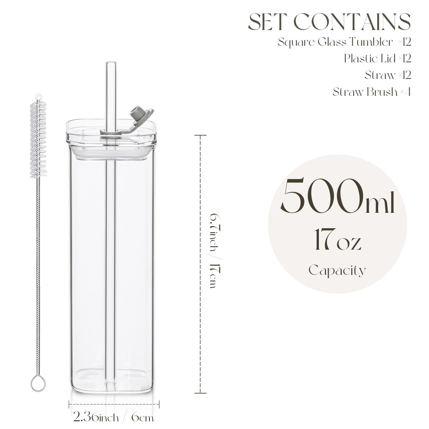 KEMORELA 12 Sets Square Drinking Glass Cups with Lids & Straws, 17 Oz Clear Highball Glasses for Cocktail, Iced Coffee, Juice, Beer - Modern Glass Tumblers