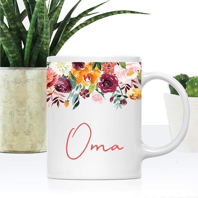 Andaz Press 11oz. Mother's Day Ceramic Coffee Tea Mug Gift, Fall Autumn Burgundy Orange Peach Flowers Roses Florals, Oma, 1-Pack