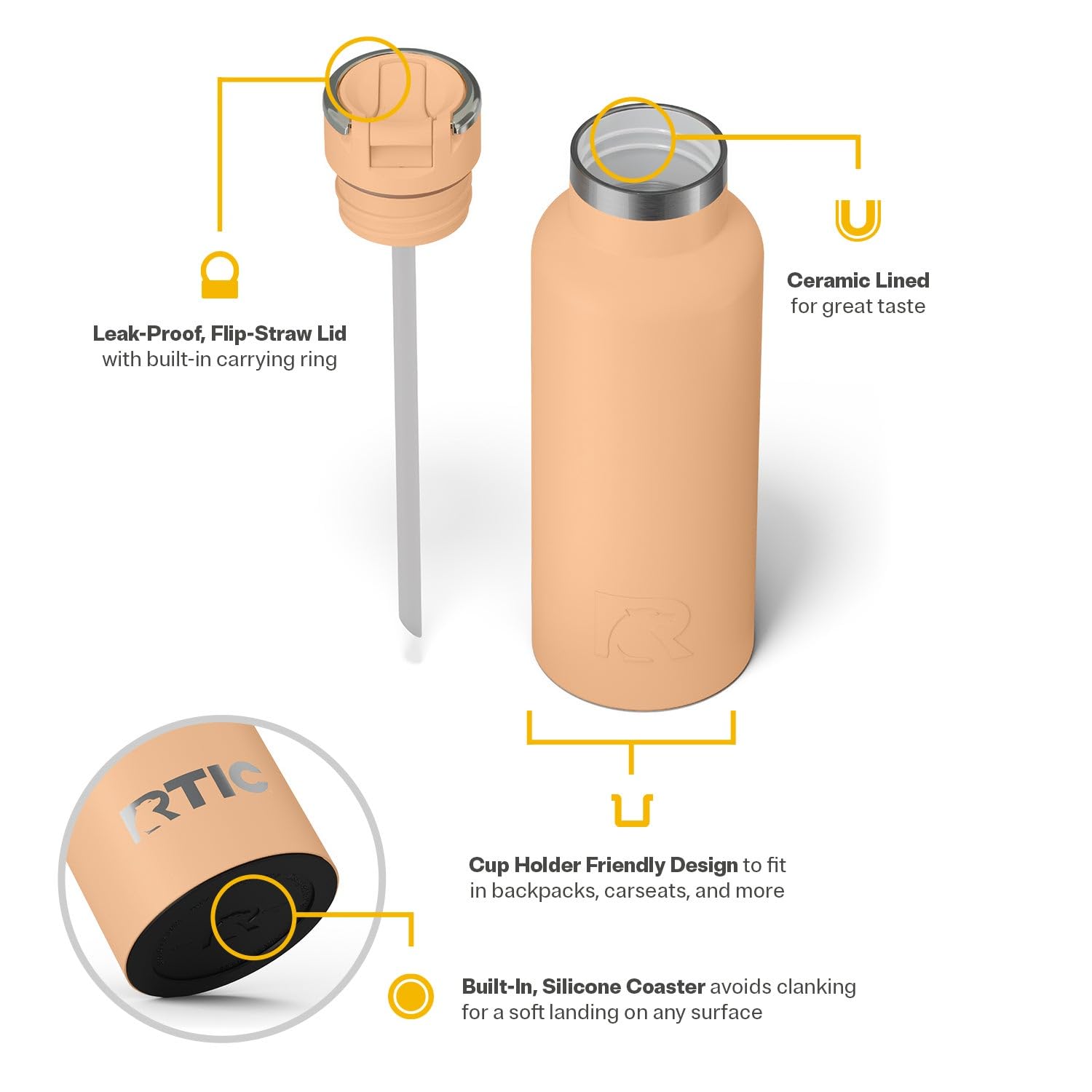 RTIC 16oz Journey Water Bottle Ceramic Lined Metal Stainless Steel Vacuum Insulated, BPA Free, Reusable, for Water, Hot and Cold Drinks, Travel, Sports, Camping, Peach Tea