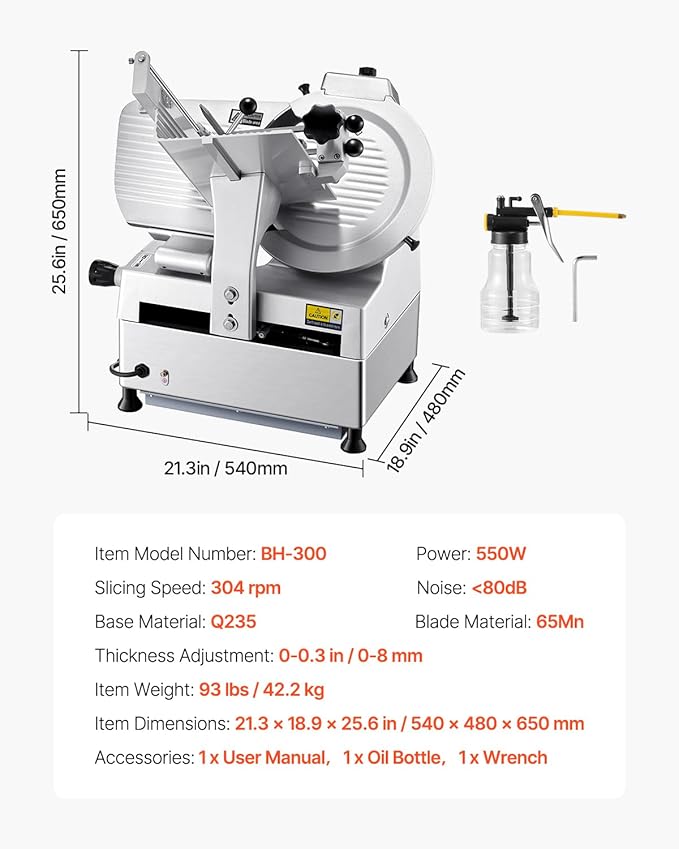 VEVOR Automatic Meat Slicer, 180W + 370W Deli Slicer with a 12 inch Premium 65Mn Blade, 0-0.3 inch Adjustable Thickness, Electric Food Slicer Machine for Meat, Vegetables, Hard Bread, and Cheese