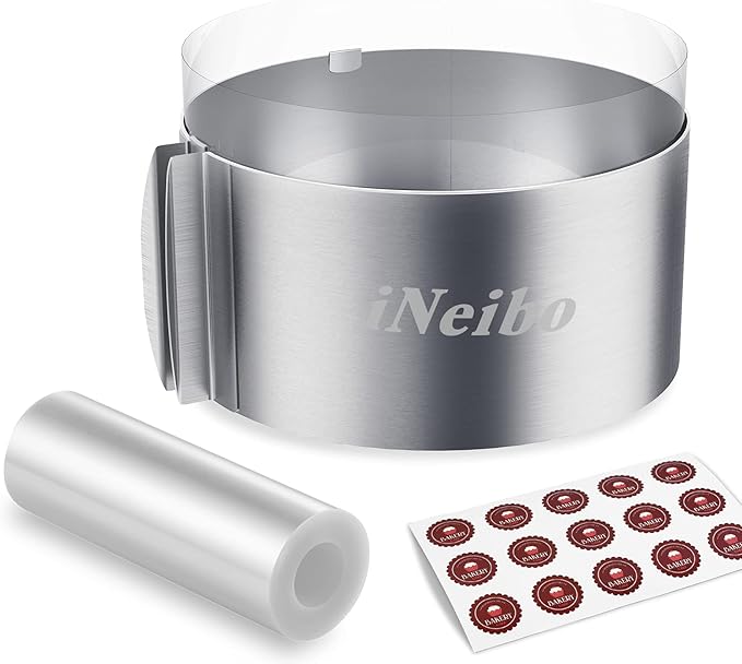 iNeibo Cake Ring and Cake Collar Set, 6 to 12 Inch Adjustable Cake Mousse Mould Set with 6inch Clear Cake Roll, Stainless Steel Pastry Ring, Mousse Ring, Ring Mold for Baking