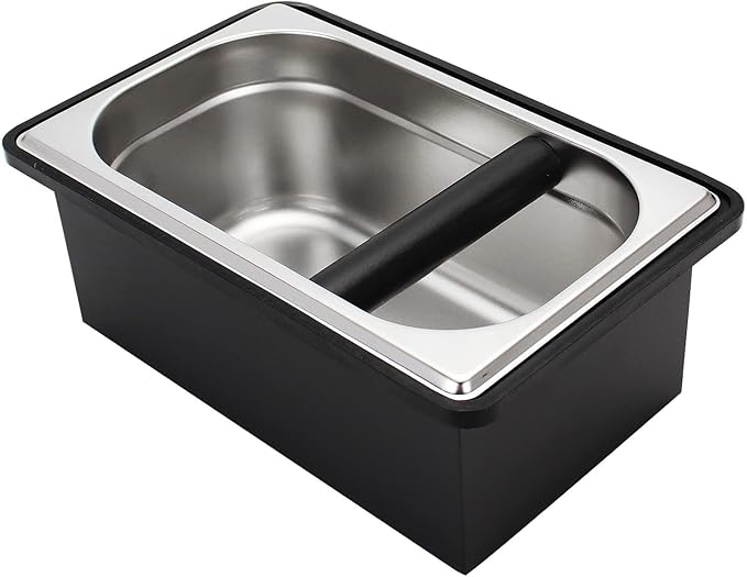 DIBTSA Espresso Knock Box,Stainless Steel Coffee Pucks Container, with Steel Holder and Noise Reduction Rubber Ring (7.28 x 6.8 x 4.25 inch)