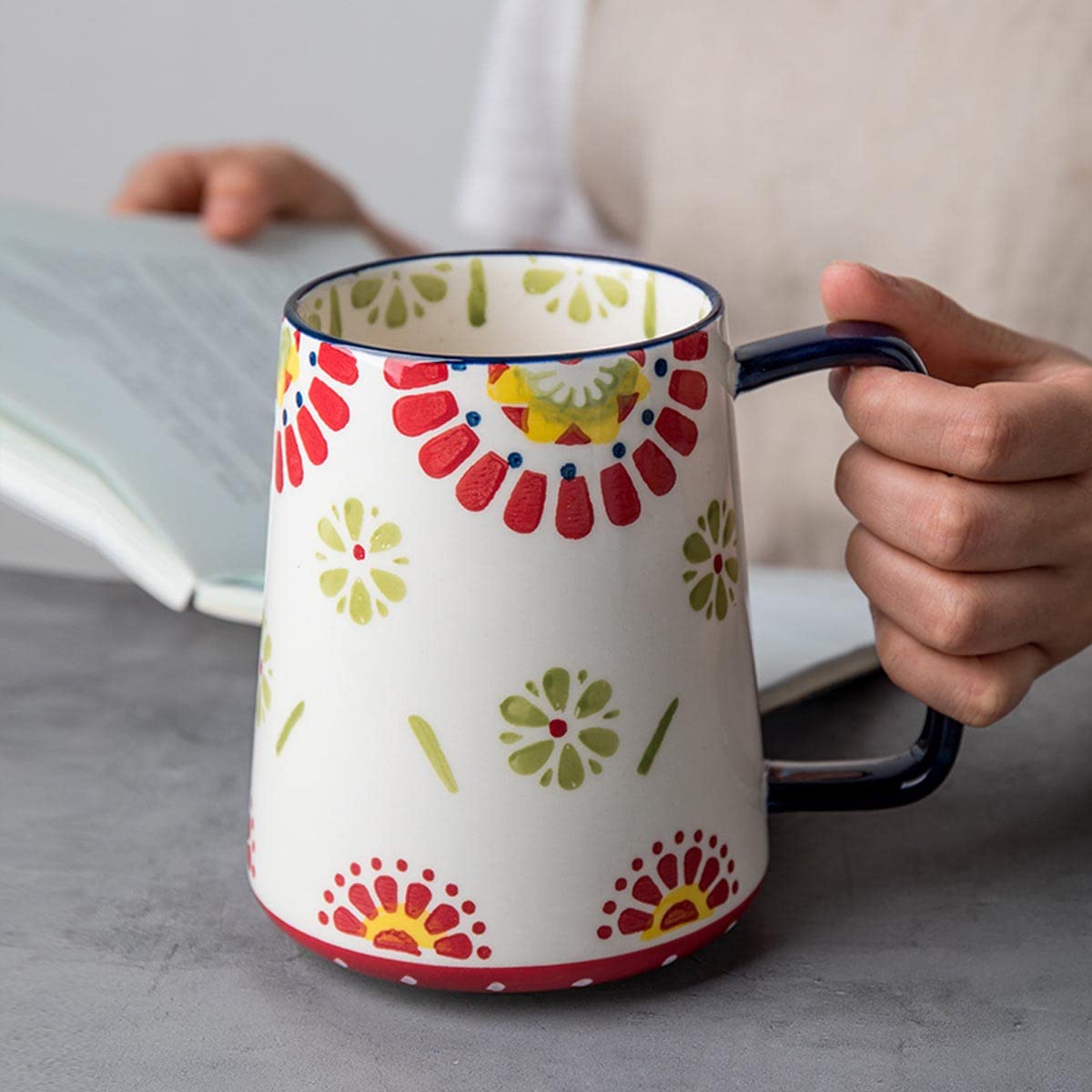 XINRRY 24 oz Extra Large Ceramic Coffee Mug Vintage Floral Cup with Handle