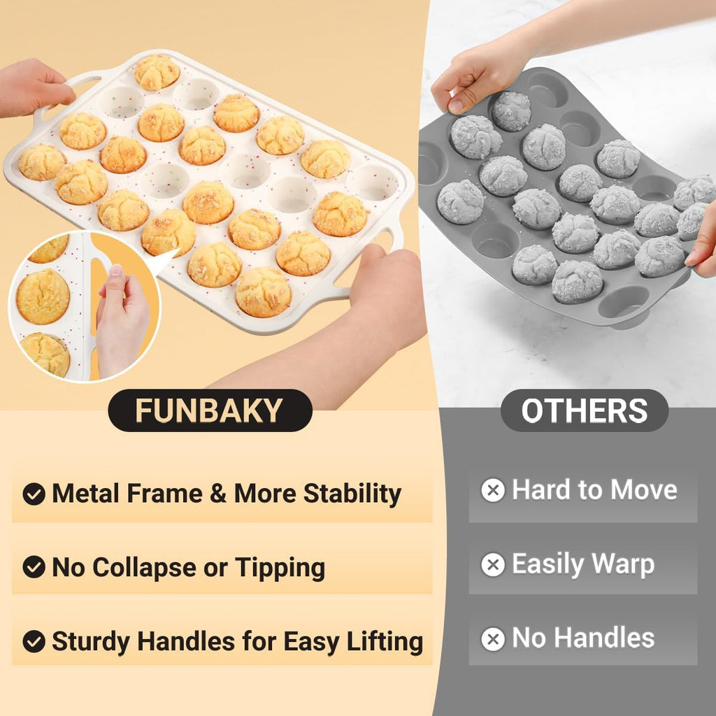FUNBAKY Silicone Mini Muffin Pan, Metal Reinforced Frame 24 Cups Nonstick Mini Cupcake Pans with Handles Easy to Move for Baking Muffin, Cupcake, Egg Bites Oven Safe, Silicone Molds 2 Pack Confetti