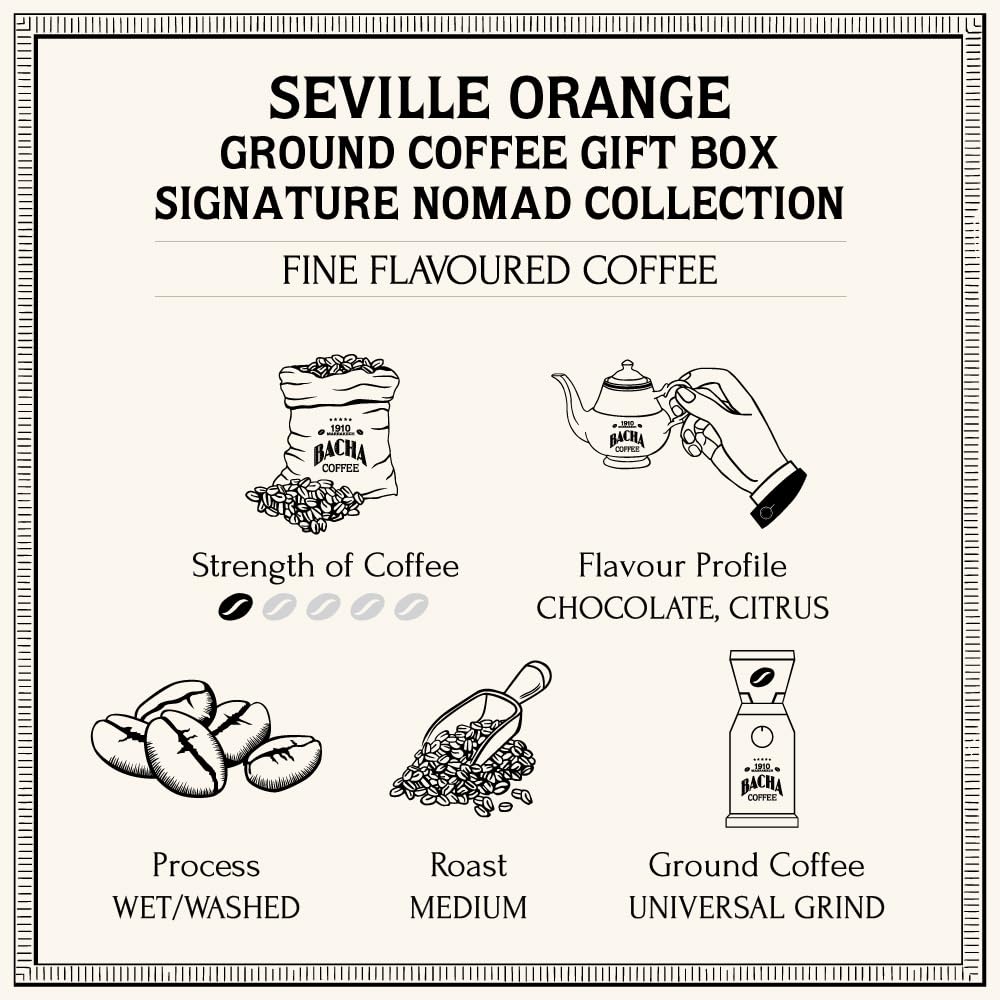 Bacha Coffee | Seville Orange Fine Flavoured, Ground Beans, Medium Roast, 100% Arabica Specialty Coffee, 250g Signature Nomad Collection, Gift Box
