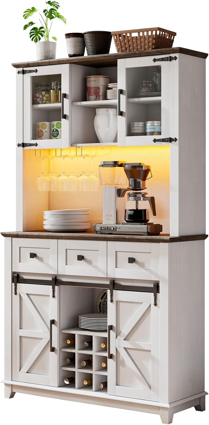 72" Coffee Bar Wine Cabinet with Sliding Barn Door & LED Lights, Sideboard Buffet Cabinet with Wine Bottle Rack, 3 Drawers, Storage Cabinet for Kitchen, Dining Room, White