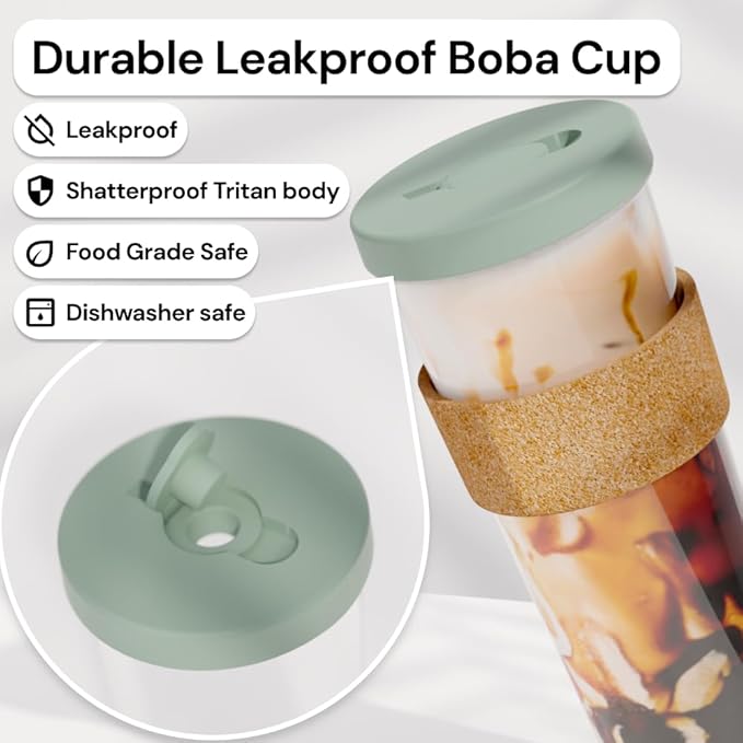 Dodoko Sage Green 24 oz Reusable Boba Cup and Straw Bubble Tea Cup with Wide Lid and Straw