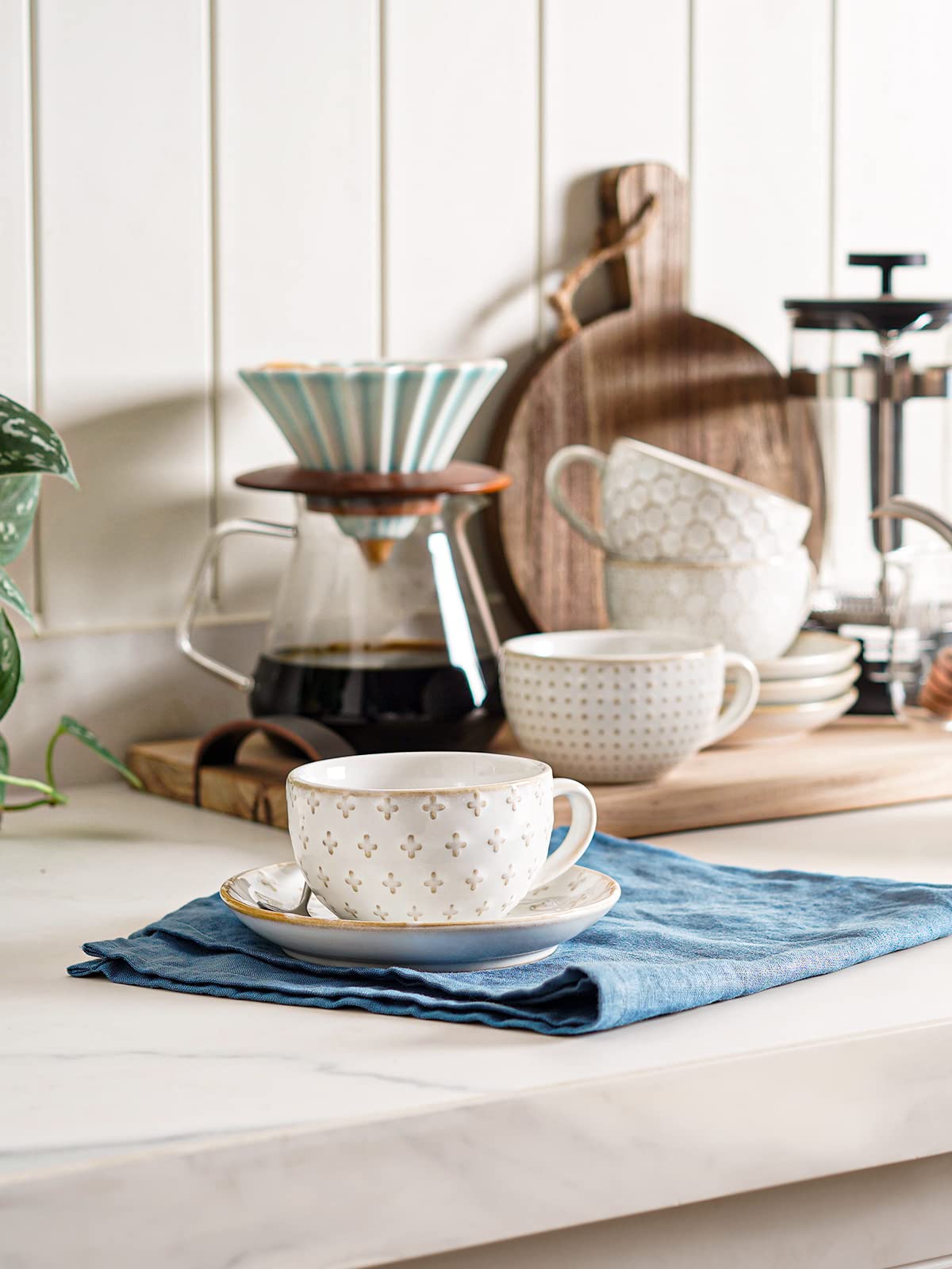 LE TAUCI 6 oz Cappuccino Cups with Saucers, Ceramic Espresso Coffee Cup Set of 4, for Latte, Cafe Au Lait, Flat White, Tea, Dishwasher & Microwave Safe, Housewarming Gift, Embossed, White