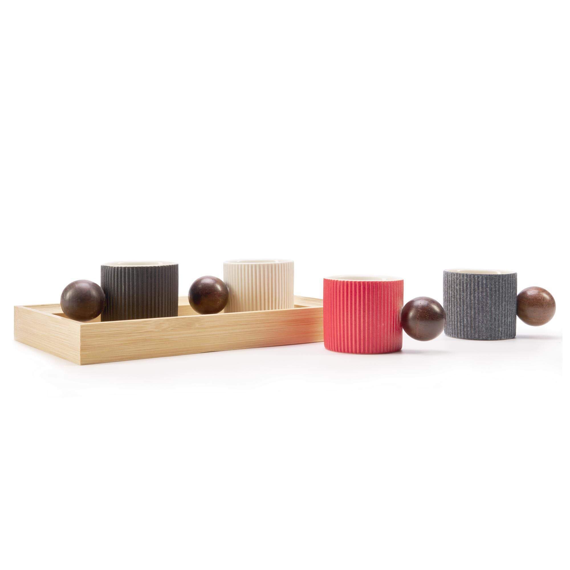 CLASGLAZ Ceramic Mini Espresso Cups Demitasse Cups with Round Wooden Handle Vertical Stripes Tea Cups (Multicolor, 4pcs)