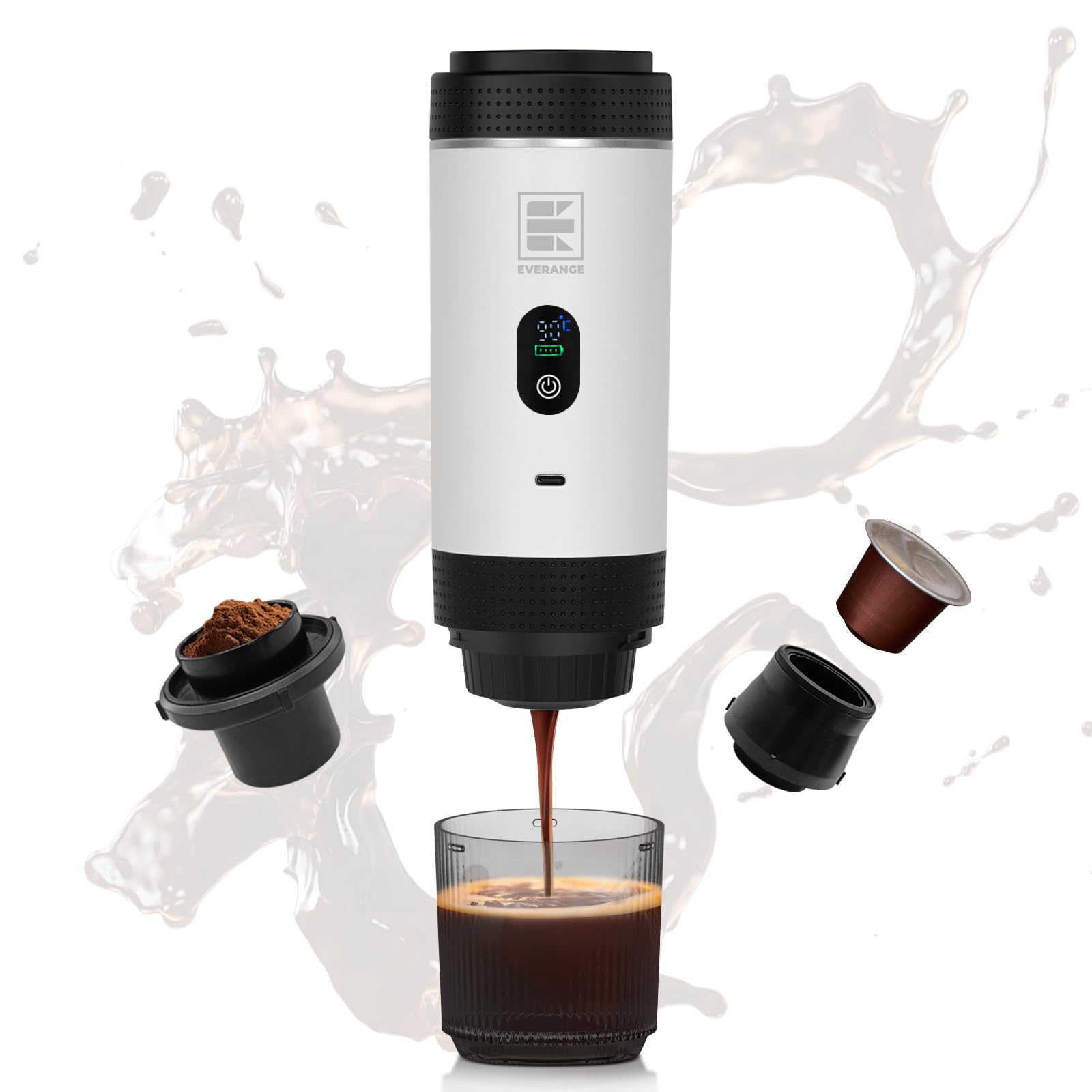 EVERANGE Portable Electric Espresso Machine, Travel Coffee Maker Brewer Compatible with Ground Coffee & NS Capsules (White with LCD Screen)