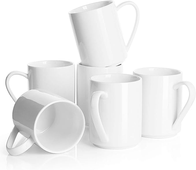 Sweese White Coffee Mug, Porcelain 11 Oz Coffee Mugs Set of 6, Ceramic Coffee Cups with Handle for Coffee, Tea, Cocoa, Cappuccino, Latte and Mulled Drinks