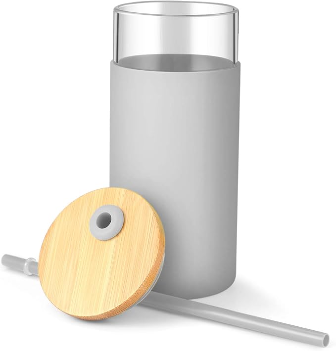 Tronco 20oz Glass Tumbler Glass Water Bottle Straw Silicone Protective Sleeve Bamboo Lid - BPA Free (French Grey/ 1 Pack)