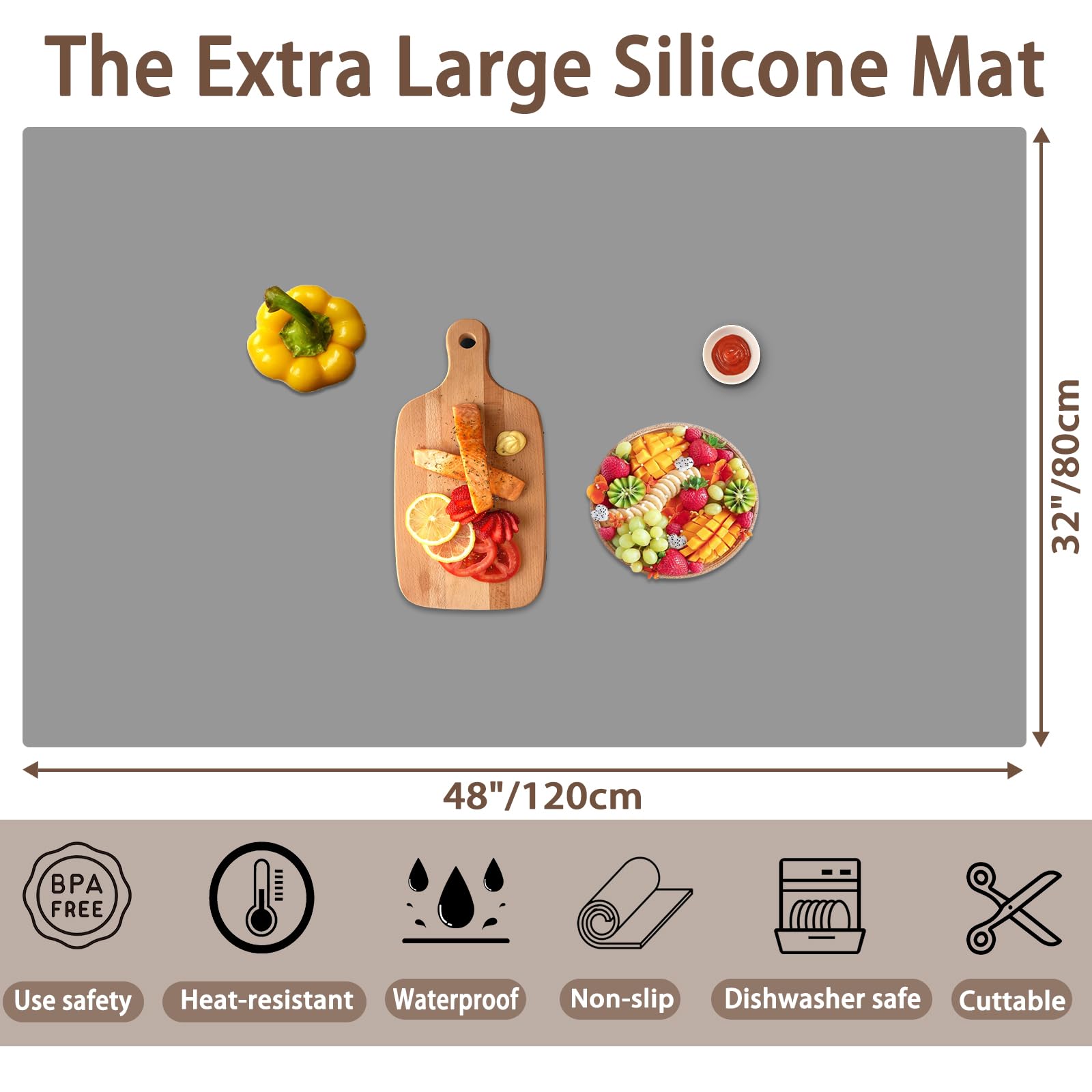 Silicone Mats for Kitchen Counter, 48"x32"(120cmx80cm) Large Heat Resistant Mat Kitchen Island Waterproof Countertop Protector Mat Nons-slip Extra Large Counter Mat, Dark Gray