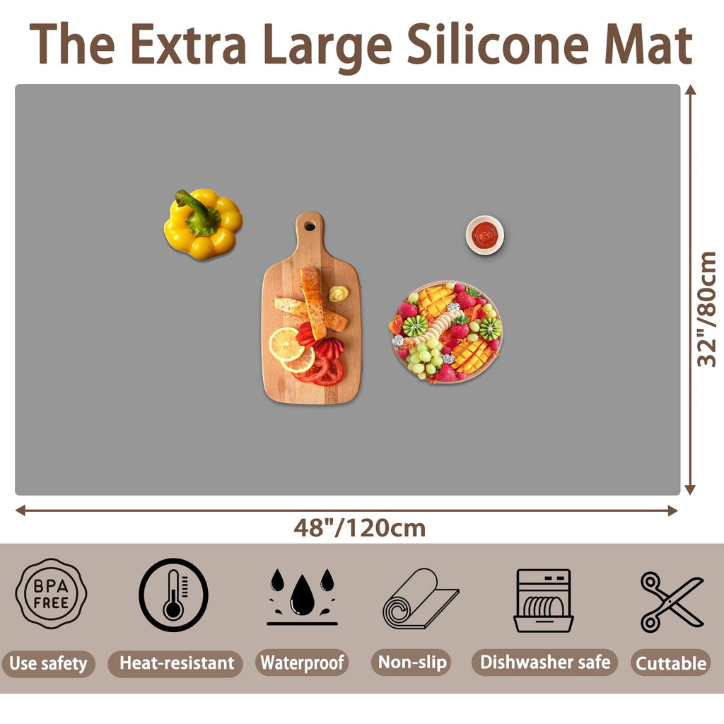 Silicone Mats for Kitchen Counter, 48"x32"(120cmx80cm) Large Heat Resistant Mat Kitchen Island Waterproof Countertop Protector Mat Nons-slip Extra Large Counter Mat, Dark Gray