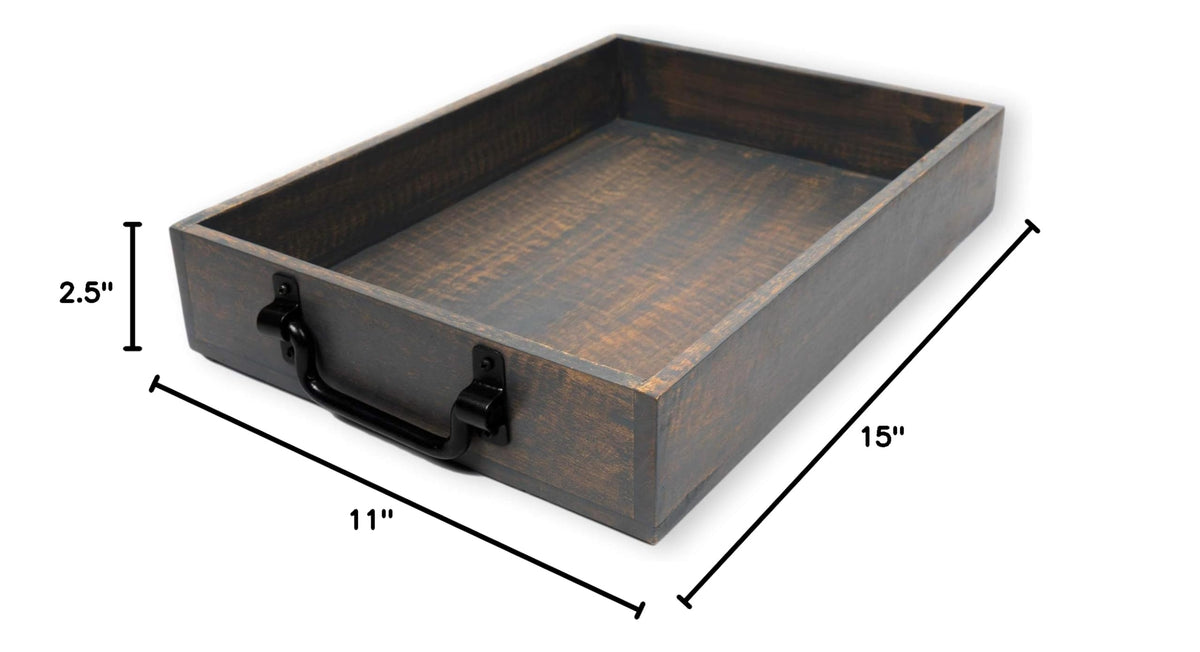 GoCraft Handmade Wooden Tray with Metal Handles – 15" x 11" x 2.5" Decorative Serving Tray in Grey Washed Finish – Versatile Tray for Breakfast in Bed, Lunch, Dinner, Appetizers, Coffee Table