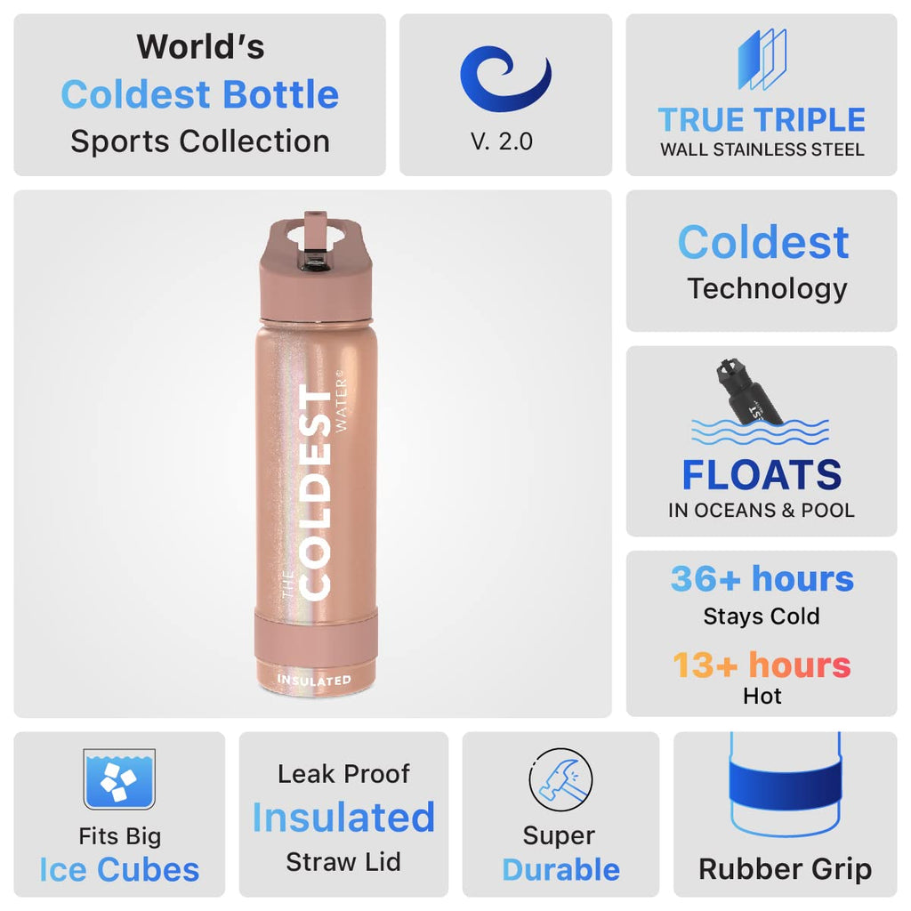 Coldest Insulated Water Bottle with Straw Lid - Stainless Steel Metal Insulated Bottle for Men & Women (Golden Rose Glitter, 24 oz)