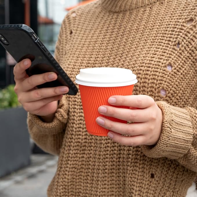 Restaurantware 8 Ounce Double Wall Disposable Coffee Cups, 25 Insulated Orange Paper Tumblers with Ripple Wall Design, Lids Sold Separately for Hot Drinks like Tea, Hot Chocolate, and More