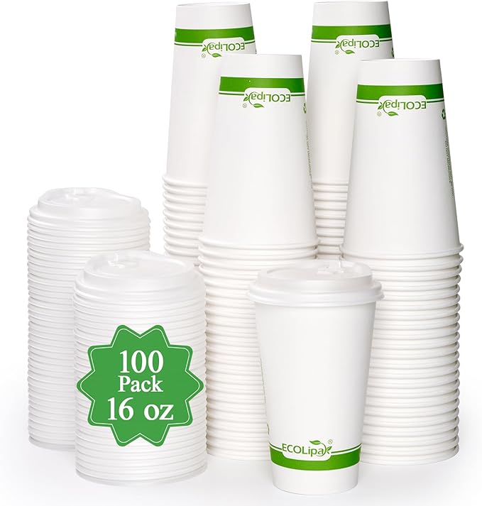 ECOLipak 100 Count 16 oz Compostable Paper Coffee Cups with CPLA Lid