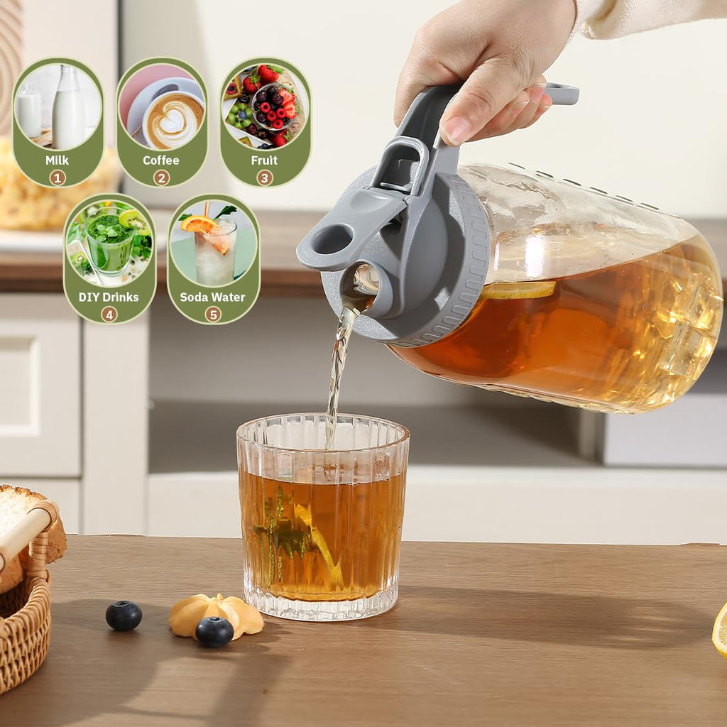 Naivees Glass Tea Pitcher with Wide Mouth Airtight Lid Leak Proof Fridge Container with Gray Lid Mason Jar for Water, Tea,Juice and Drinks (2 Pack-64OZ)