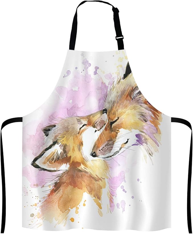 Watercolor Fox and Baby Fox Kitchen Cooking BBQ Chef Apron,Funny Apron for Men, Women - Dad Presents, Presents for Men - Birthday, Mothers Day Presents for Mom, Wife, Husband, Brother, Friends