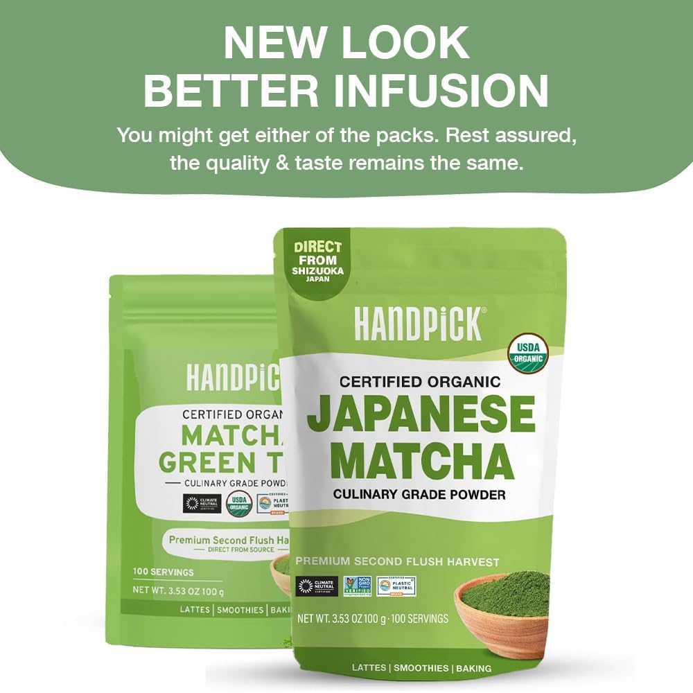 HANDPICK Japanese Organic Matcha Green Tea Powder (100 Servings) - Sourced from Japan | Authentic Premium Harvest | Resealable Ziplock Pouch