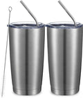 COMOOO 20oz Double Wall Vacuum Insulated Travel Mug, Stainless Steel Tumbler with Lid and Straw Durable Powder Coated Insulated Coffee Cup for Cold & Hot Drinks (Silver. 2 pack