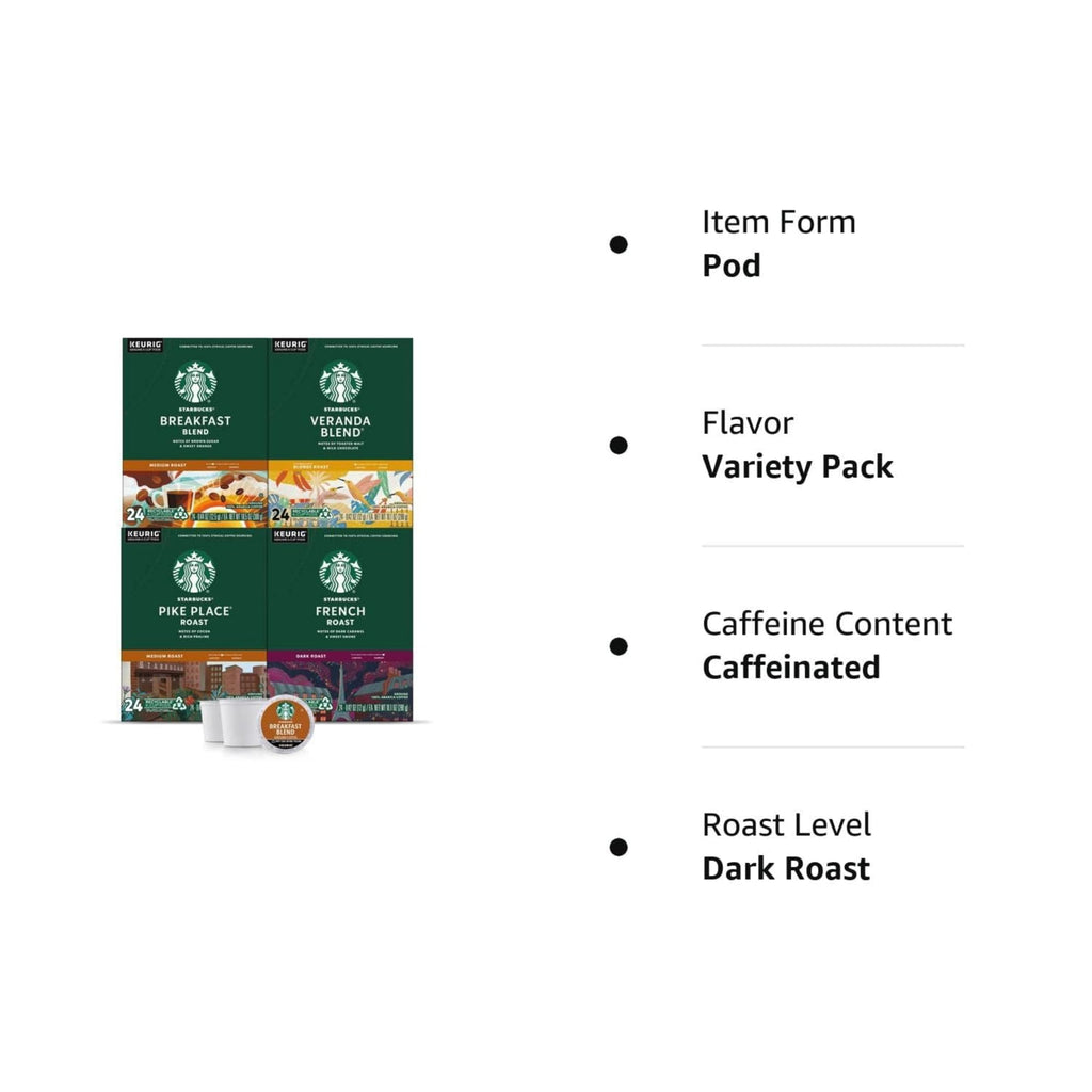 Starbucks K-Cup Coffee Pods, Starbucks Blonde, Medium and Dark Roast Hot or Iced Coffee, Variety Pack, 96 Keurig Pods