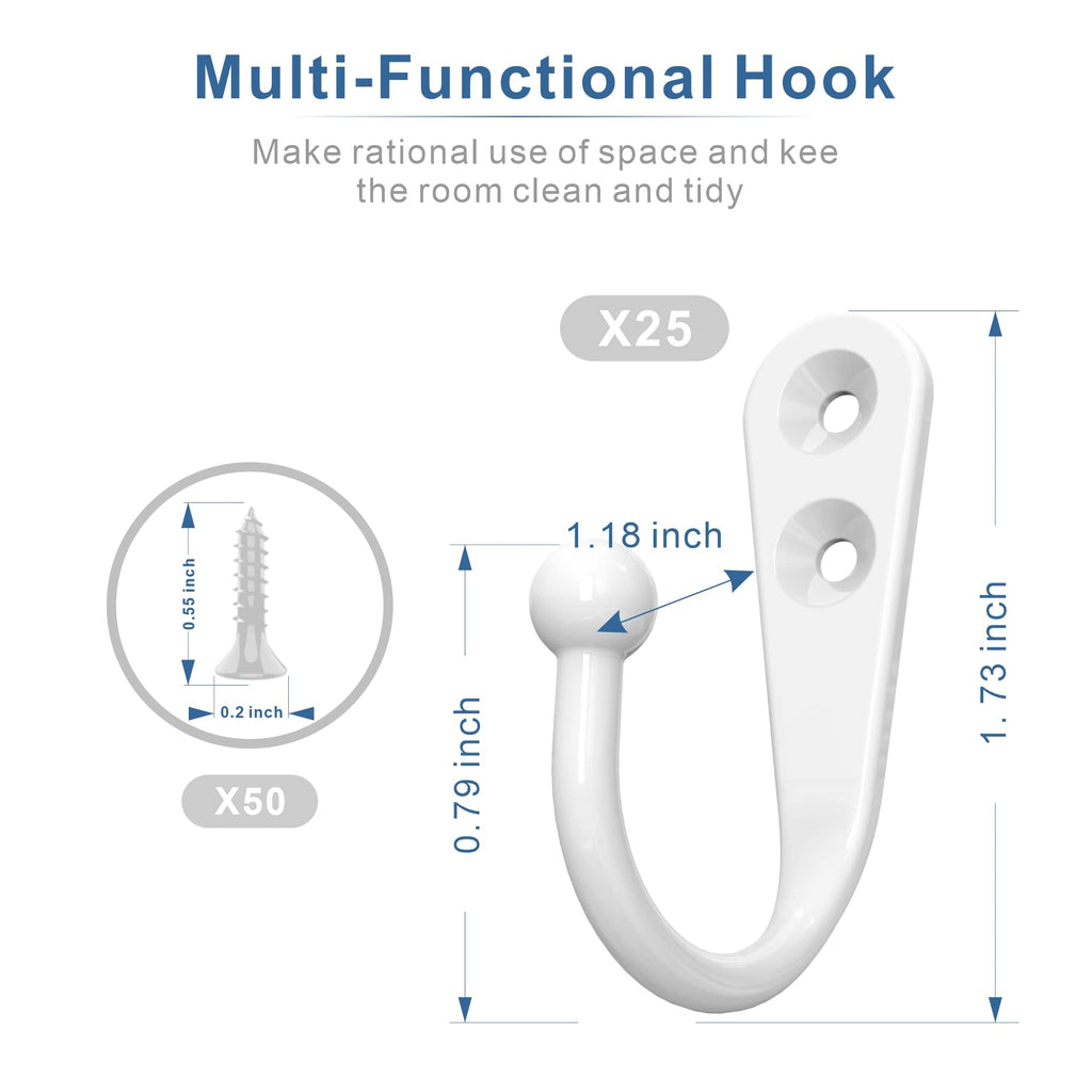 ZAYBOD 25 Pack White Hooks for Hanging - Heavy Duty Zinc Alloy Wall Mounted Hook Bulk for Coats, Towels - Matte White Single Coat Hook, Multi-Room Modern Closet Hardware Value Set