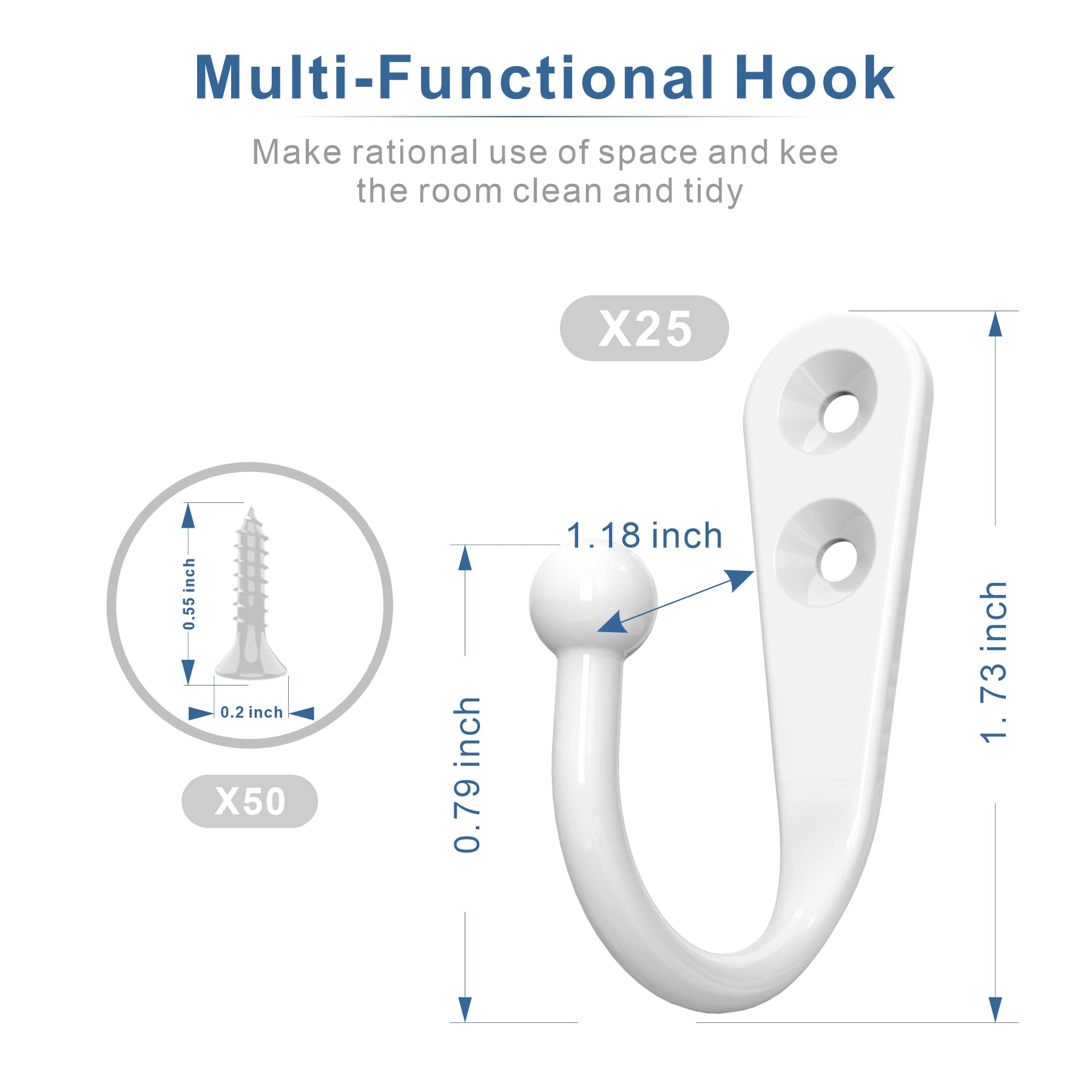 ZAYBOD 25 Pack White Hooks for Hanging - Heavy Duty Zinc Alloy Wall Mounted Hook Bulk for Coats, Towels - Matte White Single Coat Hook, Multi-Room Modern Closet Hardware Value Set