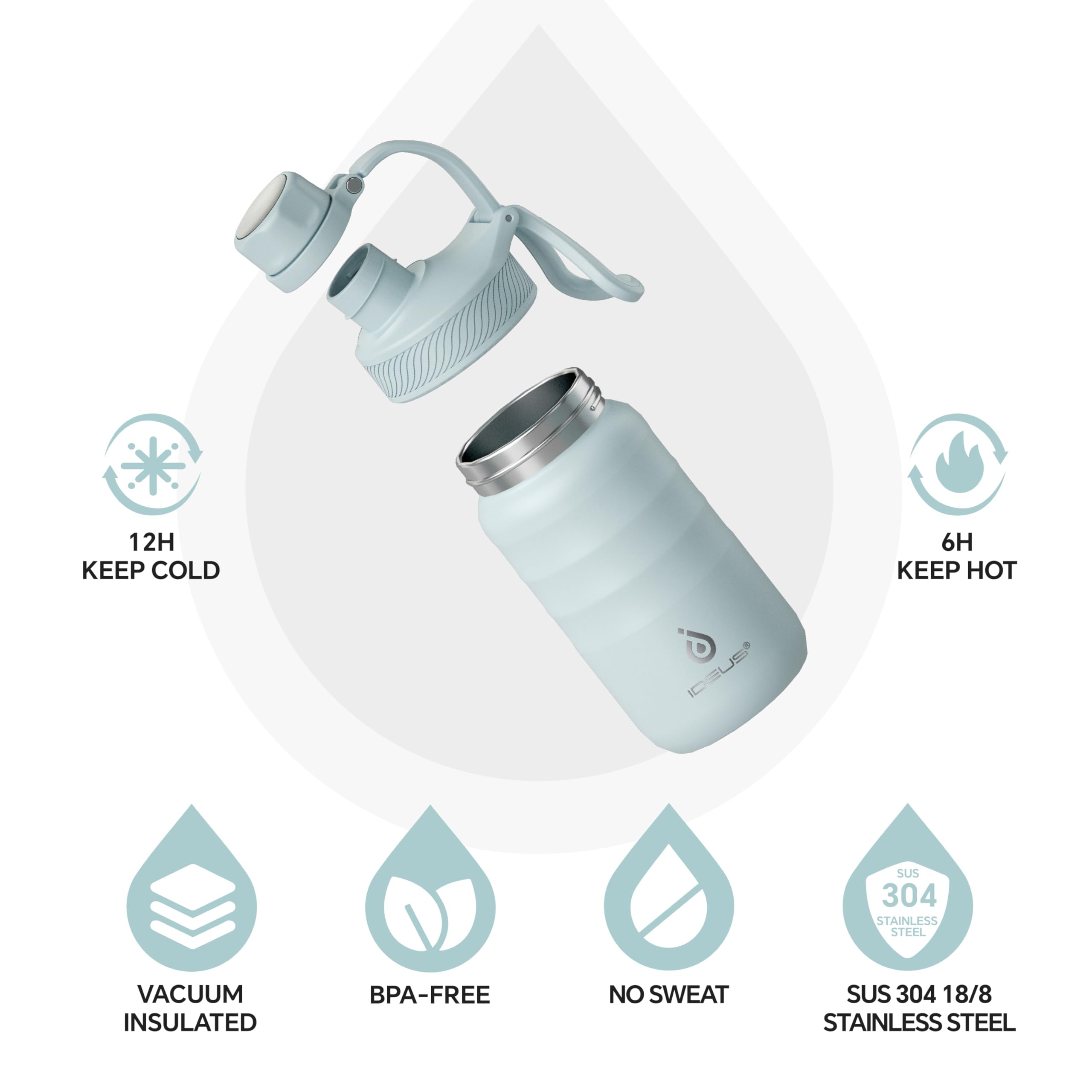 IDEUS Insulated Water Bottle 12oz, Stainless Steel Insulated Water Bottle For School, Insulated Bottles With Straws Leakproof, Vacuum Double Wall Water Bottles For Boys And Girls With 2 Lids, BPA Free