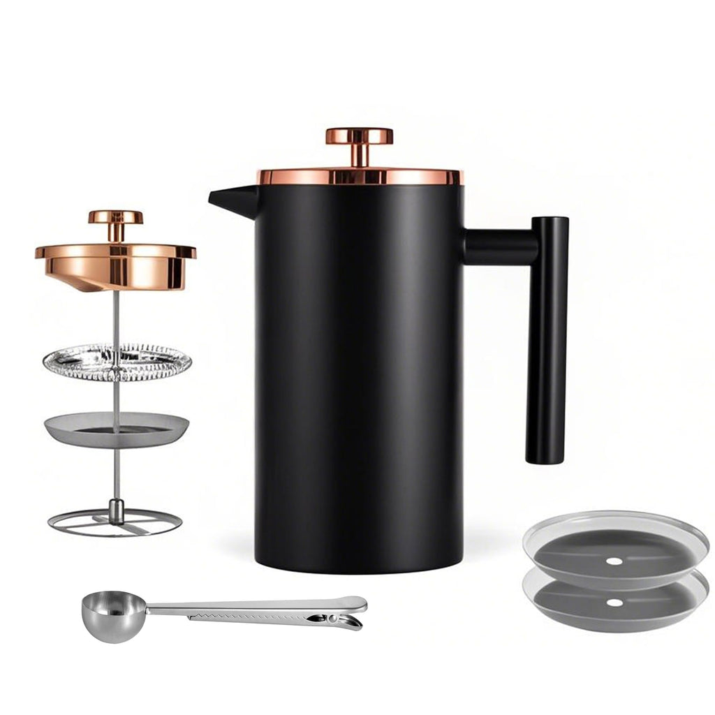 Meelio Small French Press Coffee Maker 350ml/12oz, Black Stainless Steel Double-Wall Insulated, Included 2 Extra Filters and 1 Coffee Spoon (1 Cup)