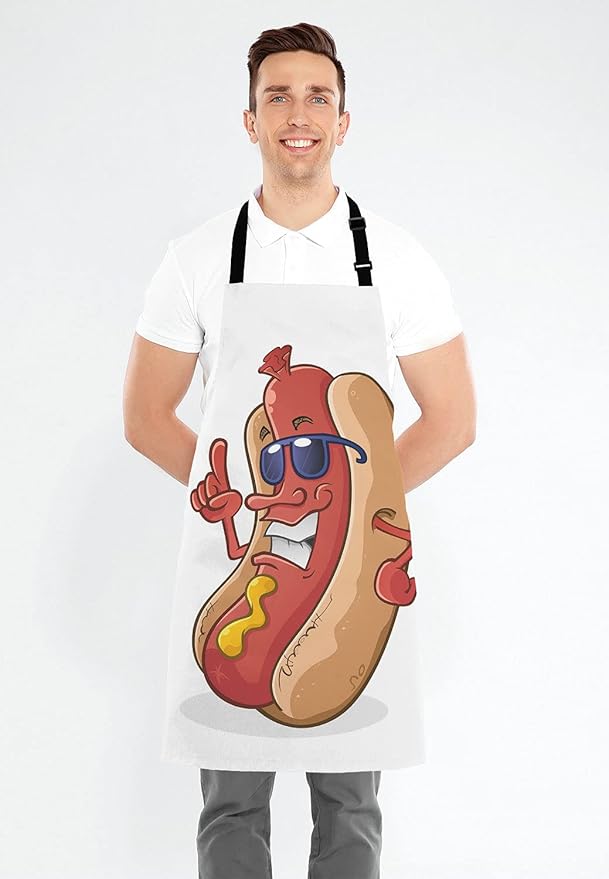 Hot Dog Cartoon Character Wearing Sunglasses Adjustable Bib Apron Kitchen Cooking Baking Gardening Apron for Women Men