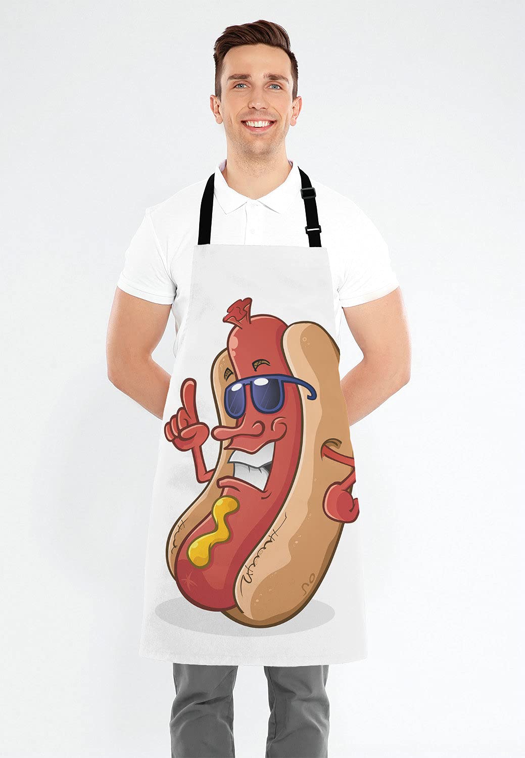 Lefolen Hot Dog Cartoon Character Wearing Sunglasses Adjustable Bib Apron Kitchen Cooking Baking Gardening Apron for Women Men