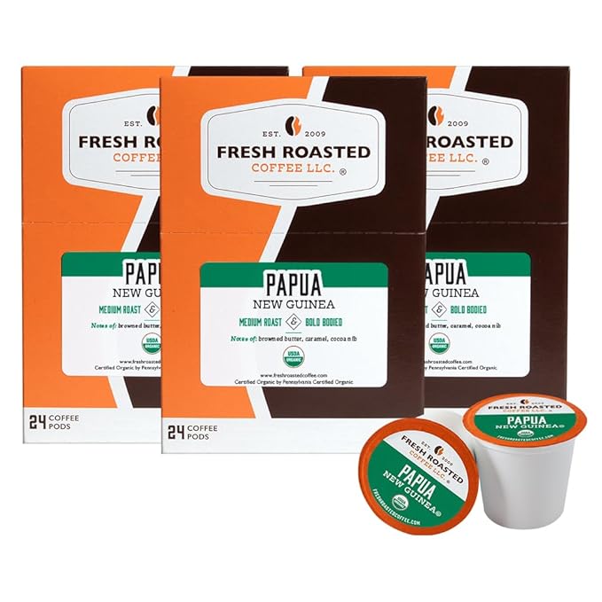 Fresh Roasted Coffee, Organic Papua New Guinea | USDA Organic, 100% Single Origin, Kosher | Medium Roast 72 Pods for K Cup Brewers