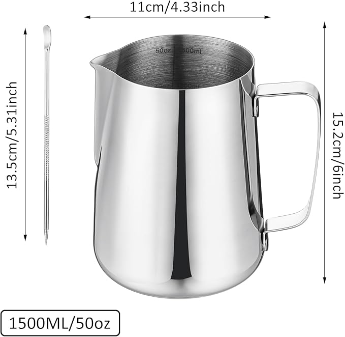 Milk Frothing Pitcher 50oz/1500ML- Espresso Steaming Pitcher Stainless Steel Milk Frothing Pitcher Cappuccino Latte Art Coffee Machine Accessories Milk Jug Milk Frother Cup