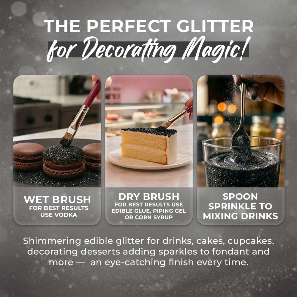 Bulk 20g Black Edible Glitter for Drinks | Premium Edible Glitter for Cakes, Cocktails, Black Cake Decorating Decorations Food Grade, Vegan, Kosher, Halal, Gluten Free - Made in USA