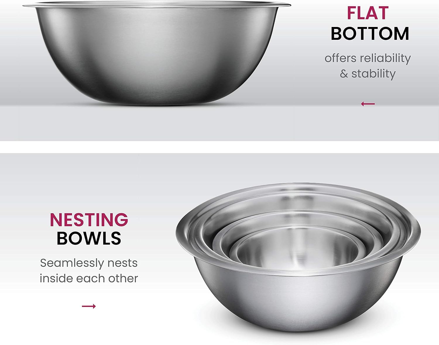BREFR Stainless Steel Mixing Bowl Set, Nesting Bowls for Kitchen Baking, Cooking, Prepping, Kitchen Food Storage Organizers, No Lids (6 Pack)