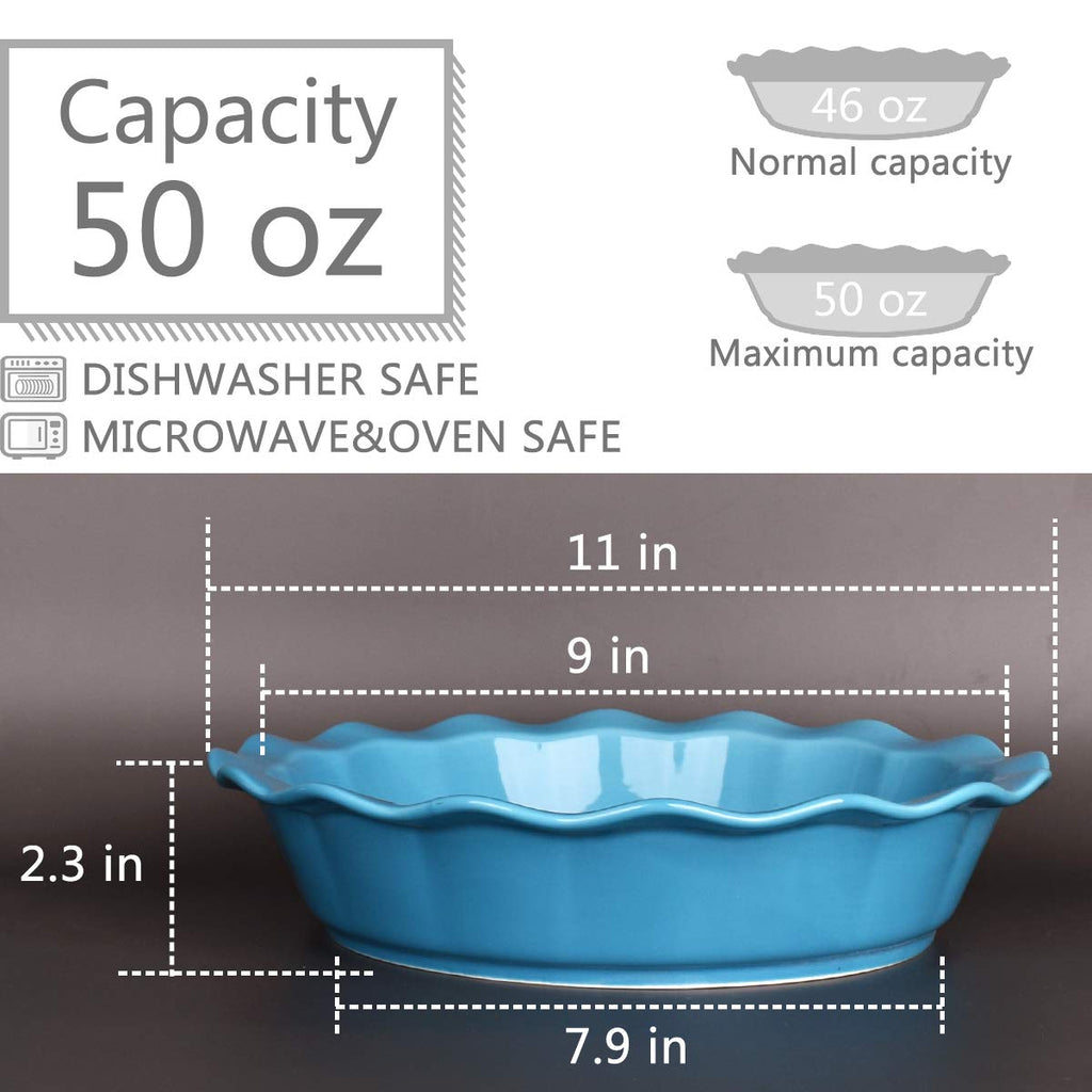 Bosmarlin Ceramic Pie Pan, 9 Inches Pie Dish, 50 oz, Pie Plate for Baking, Microwave, Oven Safe and Dishwasher safe (Cerulean blue, 9 inches)