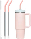 Snowfall Metal Straw Reusable for Stanley 30 OZ, 2 Pcs Reusable Long Stainless Steel Drinking Straws with Silicone Tip, 1 Straw Brush, BPA Free (Light Pink)