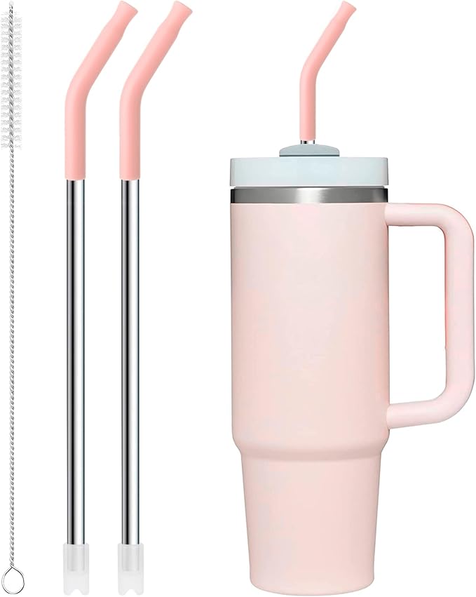 Snowfall Metal Straw Reusable for Stanley 30 OZ, 2 Pcs Reusable Long Stainless Steel Drinking Straws with Silicone Tip, 1 Straw Brush, BPA Free (Light Pink)