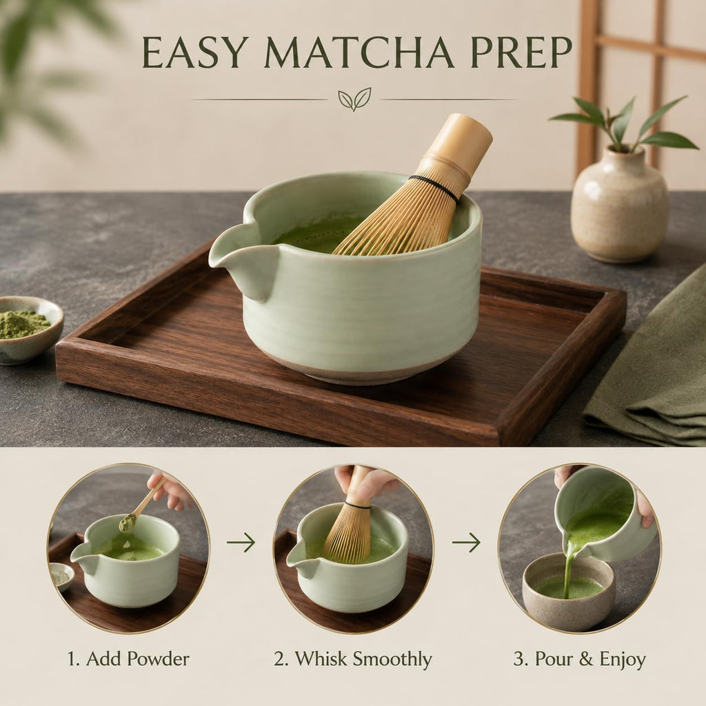 OUGETHER Matcha Traditional Porcelain Tea Bowl with Pour Spout - Hand Made Porcelain with Light Green Matte Glaze - Perfectly Whisked Matcha Green Tea, 430ml/ 14.5oz