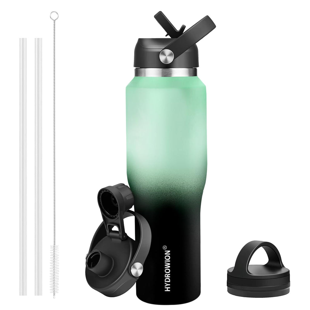 HYDROWION Water Bottle Stainless Steel,Vacuum Insulated Leak Proof Tumbler 32oz with Straw Lid, Spout Lid and Flex Cap(Cold for 48 Hrs, Hot for 24 Hrs), Fit in Any Car Cup Holder, Mint - Black