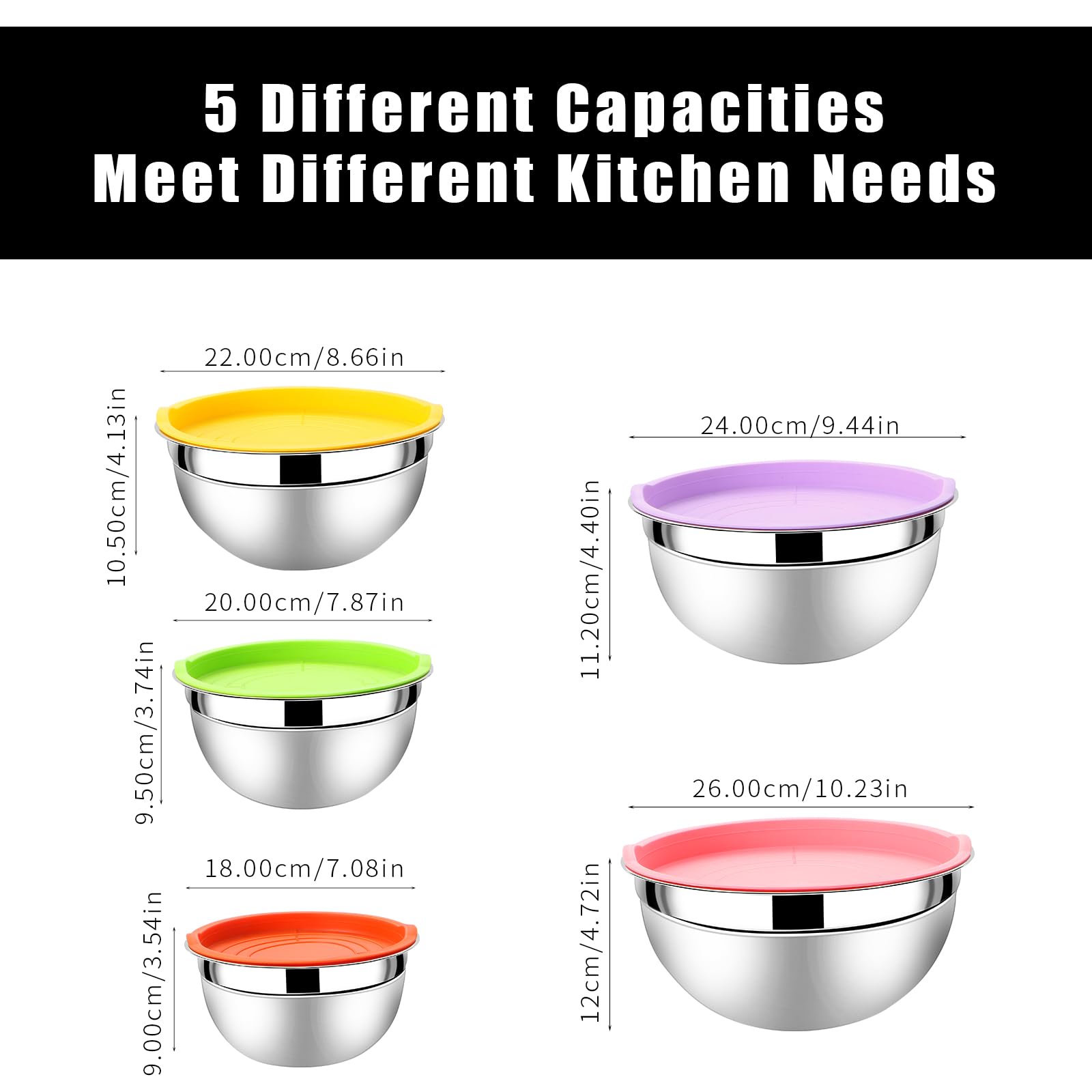 Lazycorner Mixing Bowls with Airtight Lids Set 5 Pcs Stainless Steel Bowls Set Baking Set Non-Slip Silicone Bottoms Great for Serving & Baking