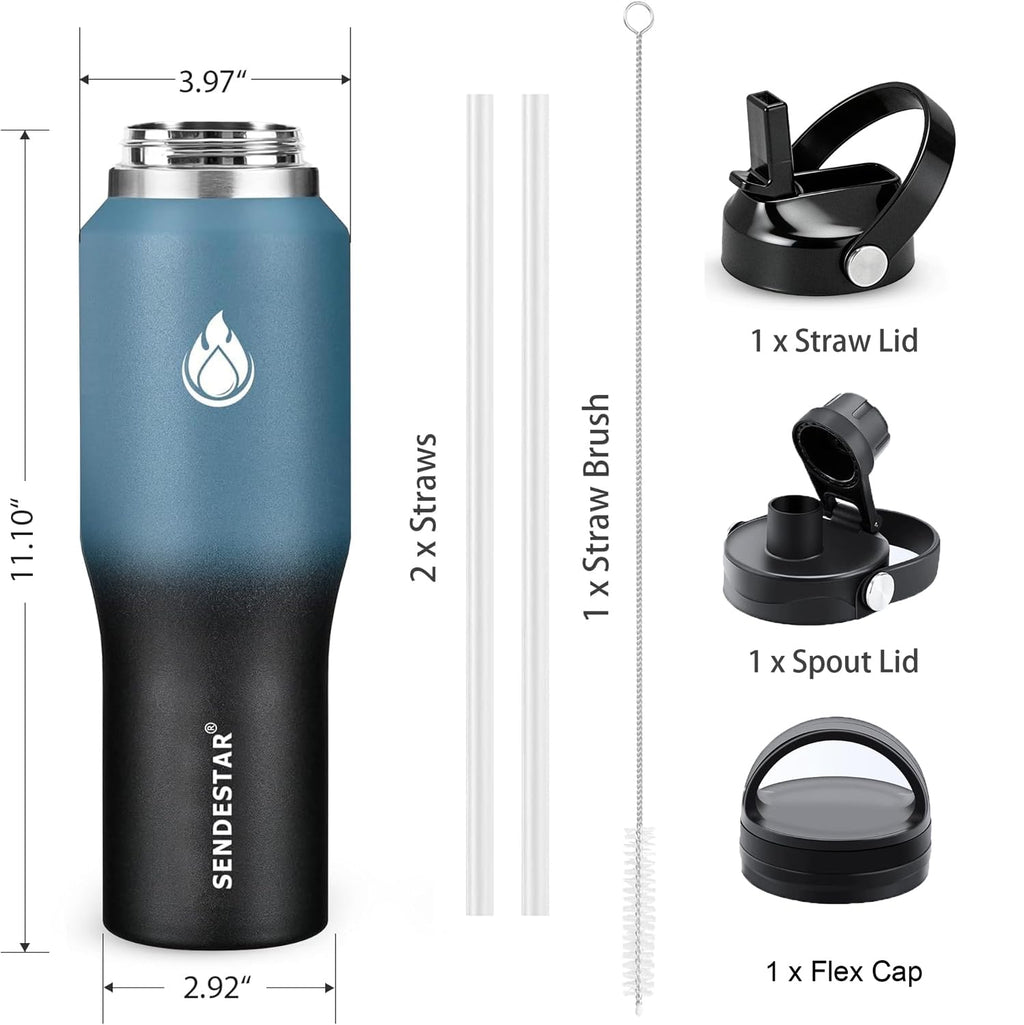 SENDESTAR 40oz Stainless Steel Water Bottle(Cold for 48 Hrs, Hot for 24 Hrs),Double Wall Vacuum Insulated Bottle with Straw Lid, Spout Lid and Flex Cap, Fit in Any Car Cup Holder，Cyanotic B