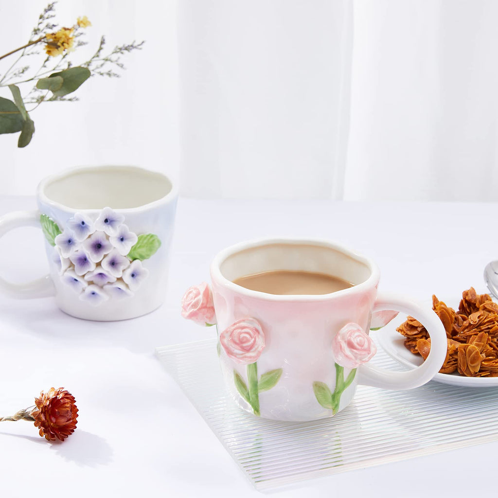 Szoyeay 3D Flower Coffee Mug Pink Hydrangea Ceramic Cup,12 oz Cute Handmade Mugs,Christmas Birthday Surprise for Friends Family or Flower Lovers (Pink Hydrangea)