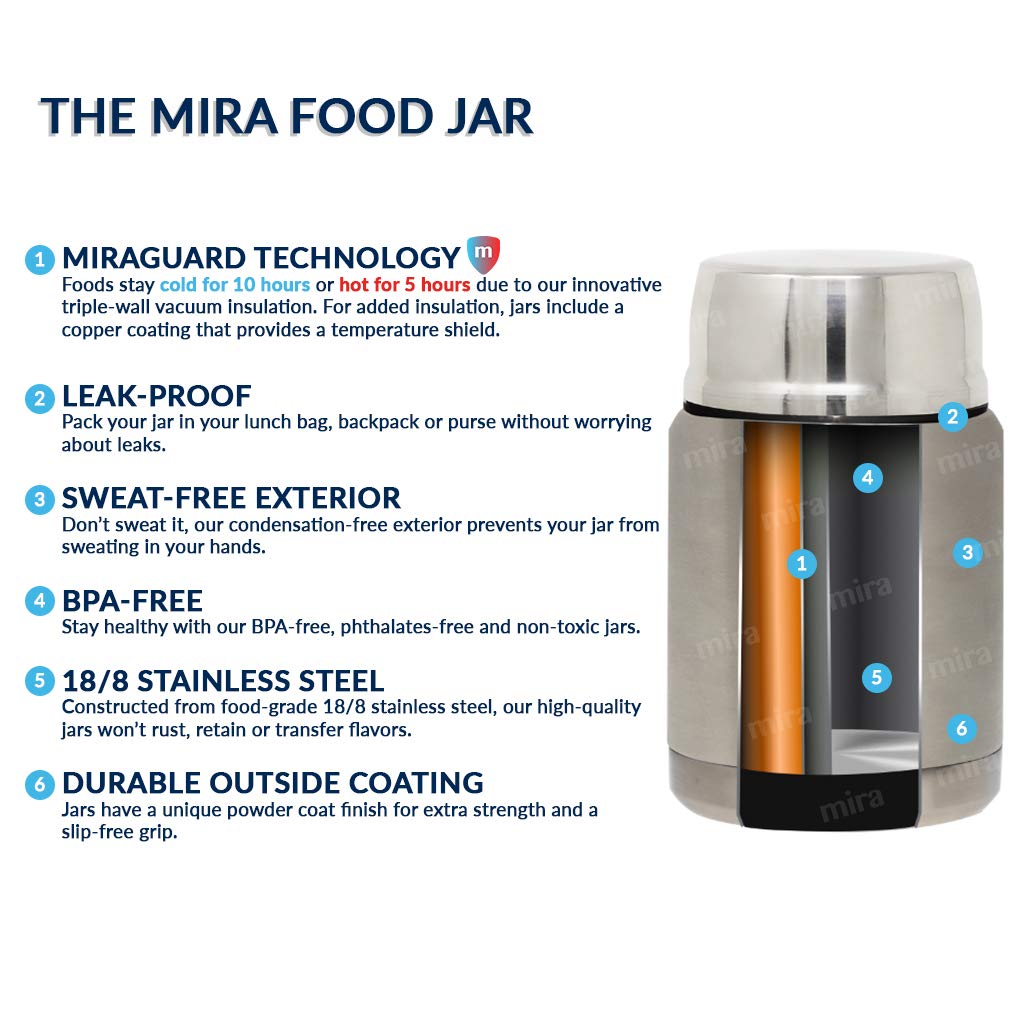 MIRA 15 oz Insulated Food Thermo for hot and cold foods - Leak-Proof Stainless Steel Container with Spoon - Pearl Blue